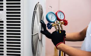 HVAC service technician checking AC unit using manometer gauge